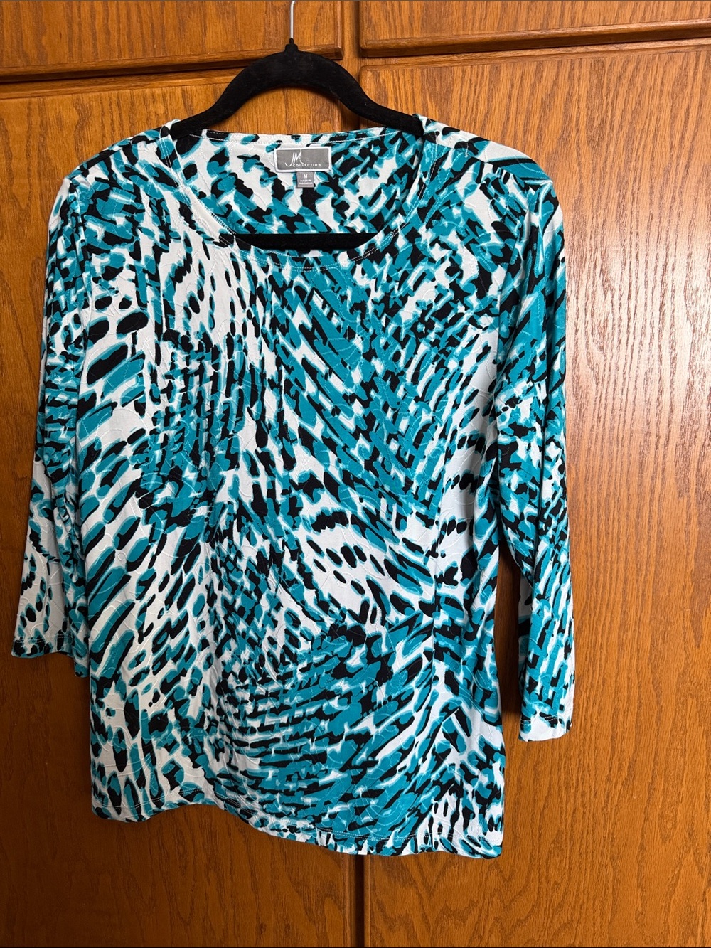 JM Collection Teal, Black & White Printed 3/4 Long-Sleeve Top